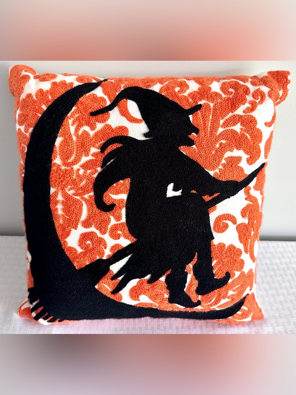 Halloween Witch Moon Embroidered Throw Pillow Orange Black 12x12 Square Decor